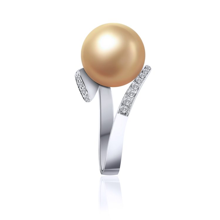 18W White Gold Golden South Sea Pearl Diamond Ring